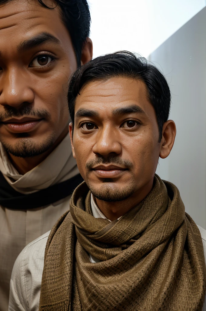 4D caricature of Indonesian man, big head,  and hands, slanted eyes, short black hair parted on the side, aged 40, wearing a Timorese motif scarf, with the words "lit my doctor" clear lighting