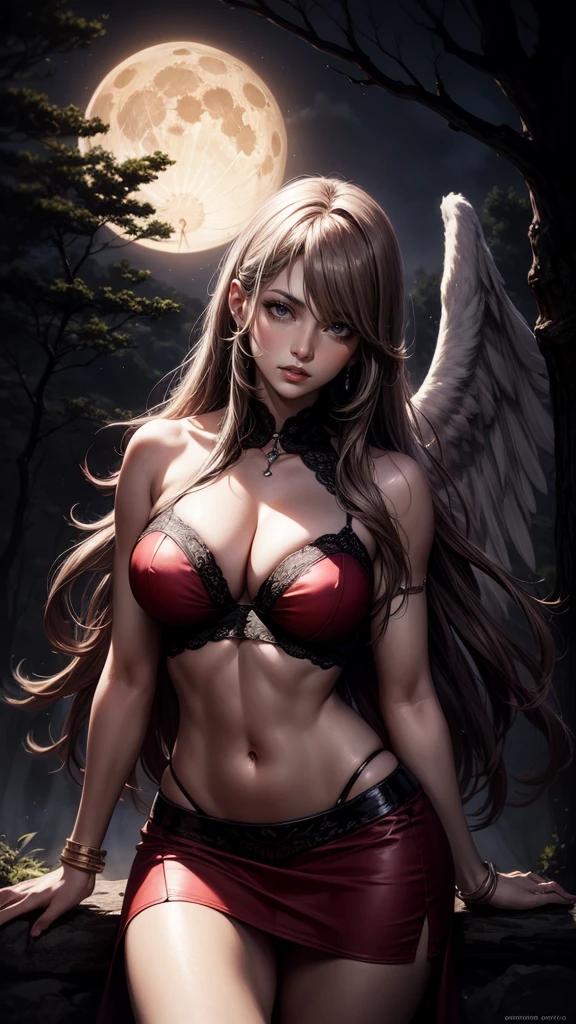 1 angel, 1 demon, detailed artwork, mini skirt, ripped shirt showing part of breasts, detailed art, full moon, waterfall, trees, best quality, 4k, 8k, highres, masterpiece, ultra-detailed, realistic, photorealistic, photo-realistic, highly detailed, intricate, digital art, concept art, fantasy, striking, dramatic, dark, moody, cinematic, chiaroscuro, atmospheric, pink clothing