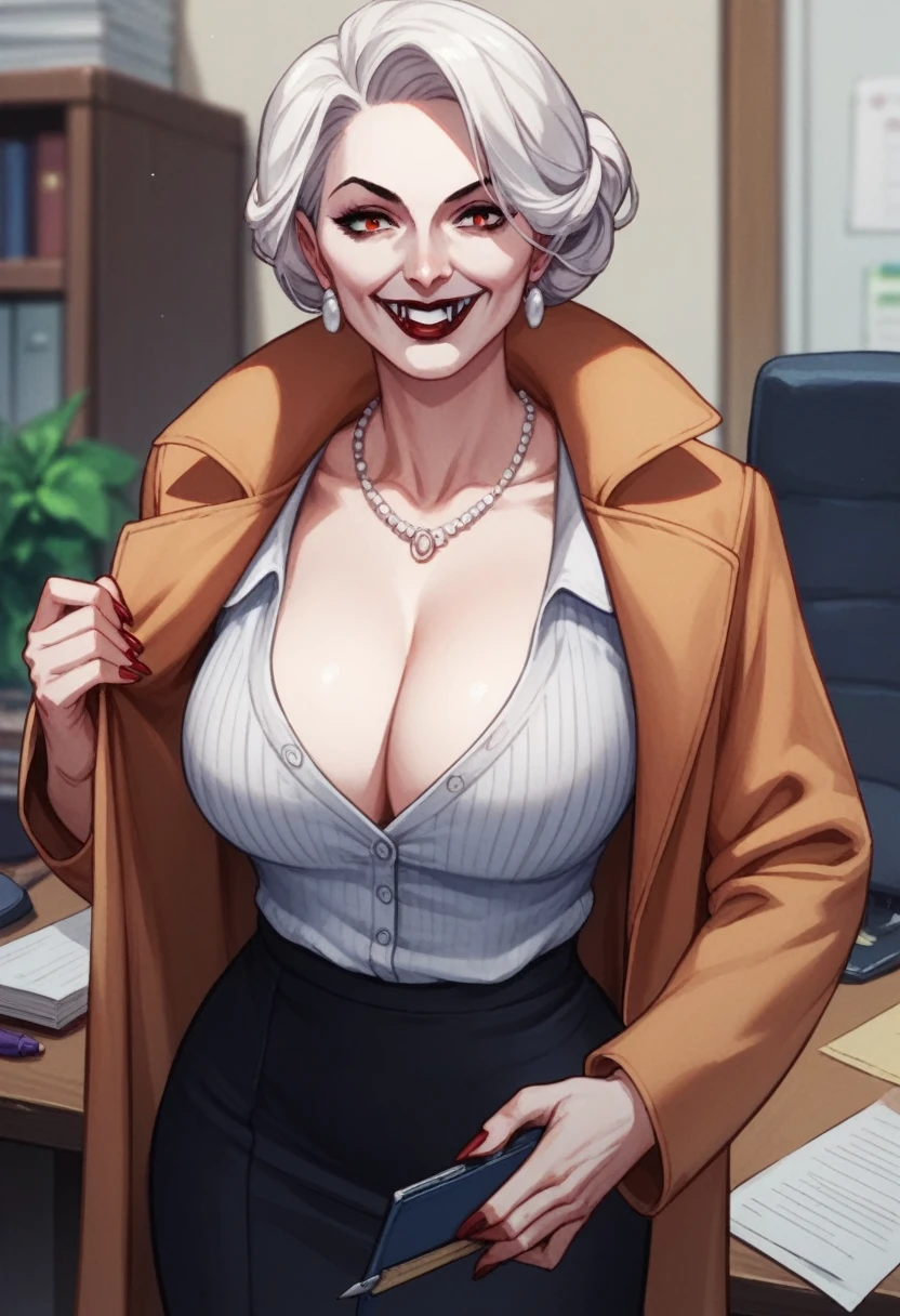 score_9, score_8_up, score_7_up, 1girl, extra milf, with coat, office, cozy, (curvy:1.4), pale skin, vampire woman, cleavage, adjust clothes, smile,
