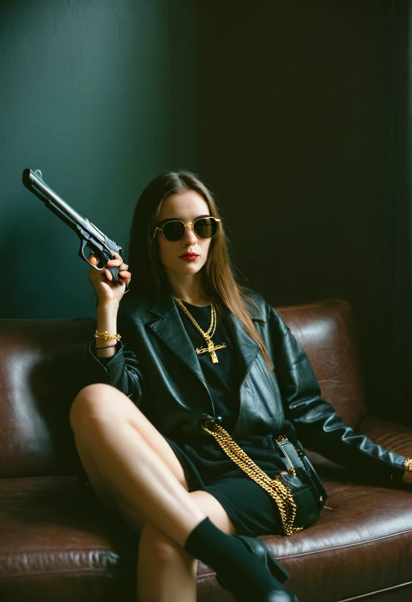 90s woman, gangsta rapper. Boss gangster in sunglasses and gold chain. Hip hop style apparel, lounging on a leather couch. Holding a gun. gun, aiming a gun, holding a weapon, handgun, sleek long hair, oversized clothes, photo depth of field, shadows, grainy, seductive analog lofi (by Oleg Oprisco Laura Makabresku), wall, dimly lit, potted plant
