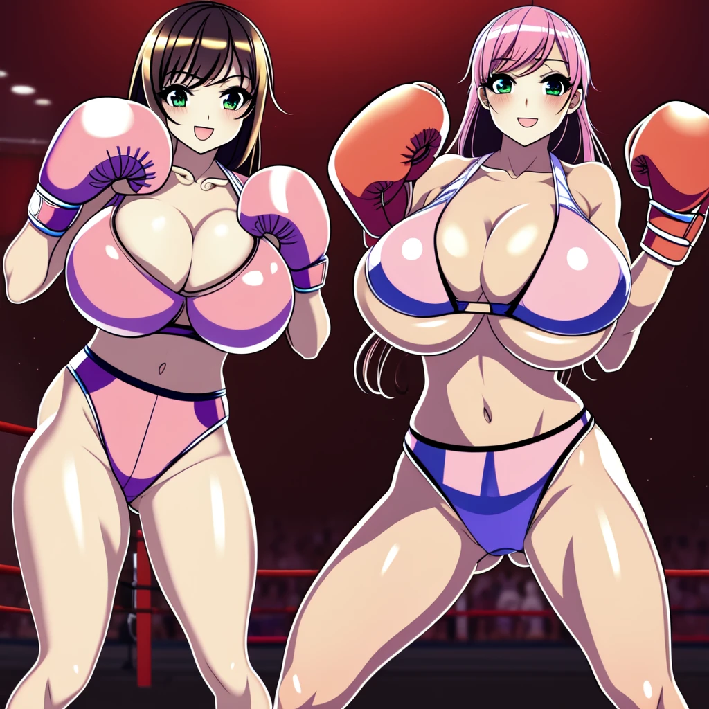 NSFW , Fullbody drawing wide view , Kawaii face , hentai Porn Game style , The Sexy oppai boxing Japan Southkorea wars , In Chinatown boxing rings , Wear athletic Olympic costume , Fighting Two boxer girls , Wear boxing groves with Defence pose, So huge oppai.