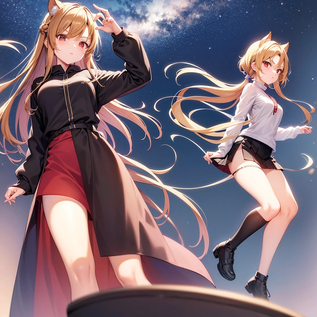 asuna,sao, crown half up hairstyle,, look up to, Perfect body, 1 girl, very short hair, hime cut, parted bangs, light brown hair, streaked hair, arrogant smile, tareme, animal ears, ,p, large breasts, Red eyes, kunder-rim eyewear, fur trim, jacket|hoodie, black gauze skirt, black footwear, pink Clothes, dusk, dusk sky,