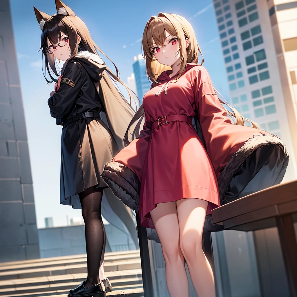asuna,sao, crown half up hairstyle,, look up to, Perfect body, 1 girl, very short hair, hime cut, parted bangs, light brown hair, streaked hair, arrogant smile, tareme, animal ears, ,p, large breasts, Red eyes, kunder-rim eyewear, fur trim, jacket|hoodie, black gauze skirt, black footwear, pink Clothes, dusk, dusk sky,
