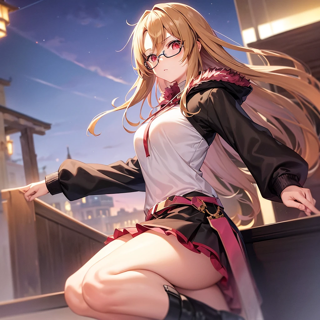 asuna,sao, crown half up hairstyle,, look up to, Perfect body, 1 girl, very short hair, hime cut, parted bangs, light brown hair, streaked hair, arrogant smile, tareme, animal ears, ,p, large breasts, Red eyes, kunder-rim eyewear, fur trim, jacket|hoodie, black gauze skirt, black footwear, pink Clothes, dusk, dusk sky,