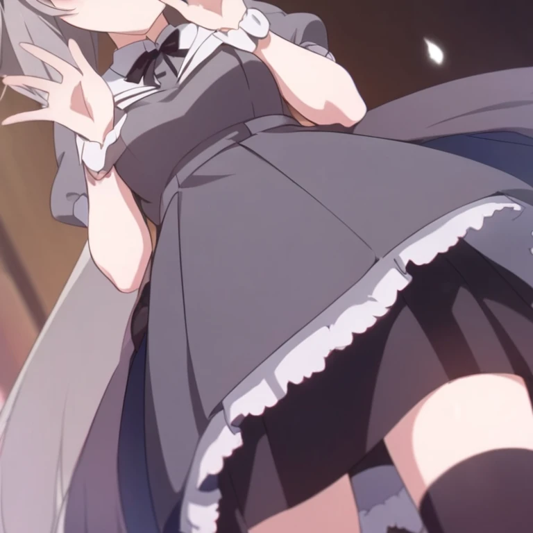 1 girl, Sensible, Alone, wide, old, looking at the viewer, blush, Blue eyes, black hair with white highlights, gloves, dress, hair between the eyes, bare shoulders, Upper part of the body, outdoor, Chapped lips, wolf ears and tail, day, elbow gloves, halter neck, sunlight, many, joya