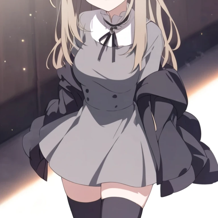 High resolution, masterpiece, Highest quality, 1,young woman　,blonde ,Very long hair, Pointy Ears, Twin Drill, Red eyes, One personで,Ahoge,Fairy,Drill Hair, Hair between the eyes, bangs, Hair Intake, Hair behind the ear, Long sleeve, school uniform, Red Skirt, Red bow tie, Black corset ,(black Knee socks), White shirt,(masterpiece:1.0), (Highest_quality:1.0)photograph, 8k, High resolution, High resolution, Absurd,  (purple and black Lace panties), (show off panties), (standing), (skirt lift: 1.3), (squatting), (spread legs), (from below)