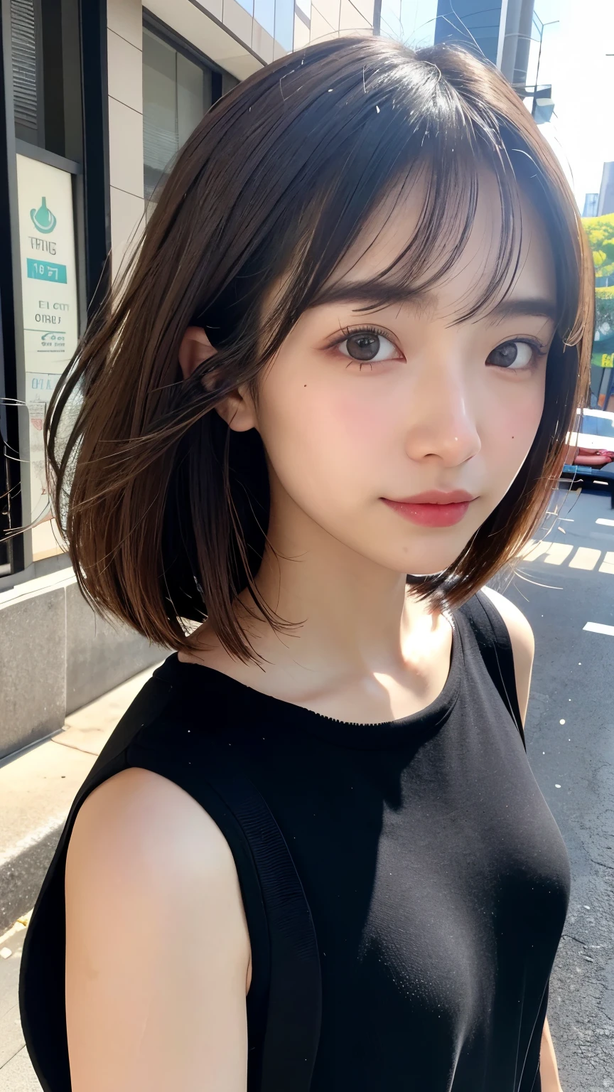 (((Brown, shoulder-length, straight short bob)))、(((Her background is in downtown Hawaii..、Pose like a model at the hair salon.)))、(((Casual black winter street fashion)))、Face close-up、Half Japanese and half Korean、18-year-old girl、independent、look forward to、Light eye makeup、Brown Hair Color、flat 、Hair blowing in the wind、Quality of actress、Shiny, Ultra-realistic faces、smileの表情、Watery eye、look up、Pleasant lighting effects、 Ultra-Realistic Capture、Very detailed、High resolution 16k human skin closeup。Skin texture must be natural、Must be so detailed that pores are visible、skin is healthy、There must be a unified tone、Use natural light and colour、High quality photos taken by modeling agencies&#39;Exclusive photographer、smile
