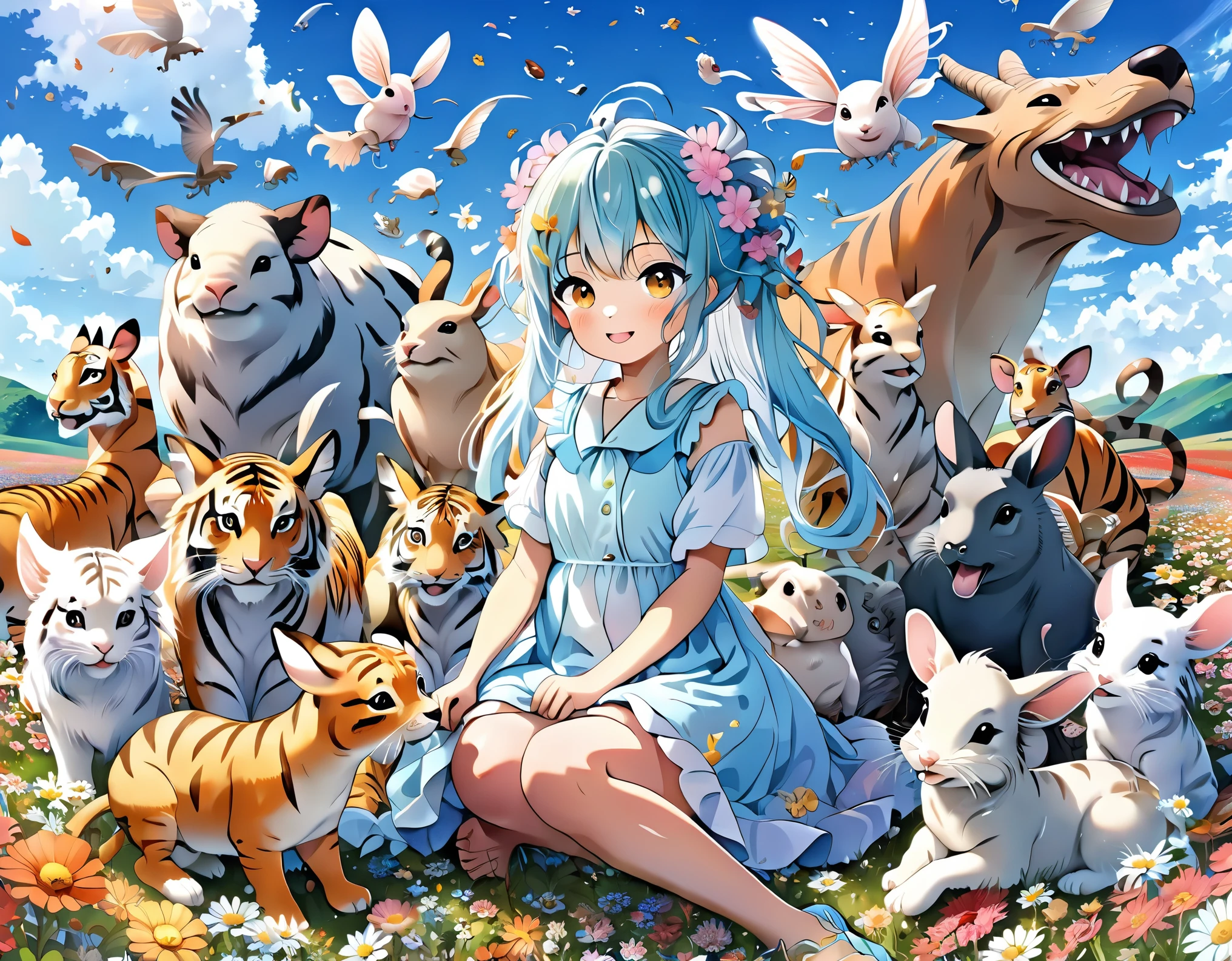 Anime girl sitting surrounded by animals in a flower field, Light blue long hair、Twin tails 、dragonが空を舞う、Bright smile、Tiger dragon mouse or rat ox Rabbit snake sheep dog pig monkey bird horse Anime fantasy illustration,