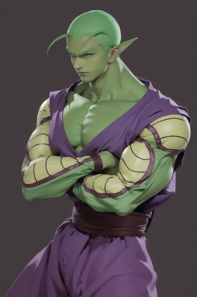 a drawing of a green man with a purple outfit and a purple shirt, dragon ball concept art, high quality colored sketch,realistic, a man, dragon ball picoro,  picoro, character dragonball, high quality anime artstyle, human  picoro, dragon ball style,  picoro portrait, dragon ball artstyle, portrait of  picoro, handsome anime pose, dragon ball z style,  picoro from dragon ball, highly detailed portrait of  picoro, anime style character,  picoro as an asian man