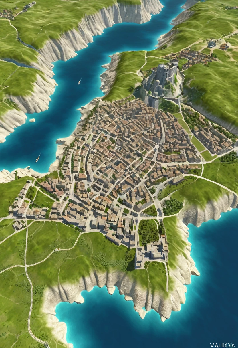 (best qualityer,4K,8k,high resolution,work of art:1.2),super verbose,(real,Photoreal,photo-real:1.37), highlighting the continent of Valoria, demarcating the Evershade country and demarcating the city of Ironclad stone buildings.