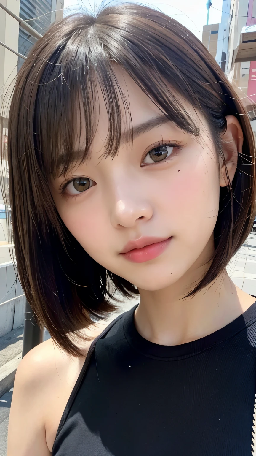 (((Brown, shoulder-length, straight short bob)))、(((Her background is in downtown Hawaii..、Pose like a model at the hair salon.)))、(((Casual black winter street fashion)))、Face close-up、Half Japanese and half Korean、18-year-old girl、independent、look forward to、Light eye makeup、Brown Hair Color、flat 、Hair blowing in the wind、Quality of actress、Shiny, Ultra-realistic faces、smileの表情、Watery eye、look up、Pleasant lighting effects、 Ultra-Realistic Capture、Very detailed、High resolution 16k human skin closeup。Skin texture must be natural、Must be so detailed that pores are visible、skin is healthy、There must be a unified tone、Use natural light and colour、High quality photos taken by modeling agencies&#39;Exclusive photographer、smile
