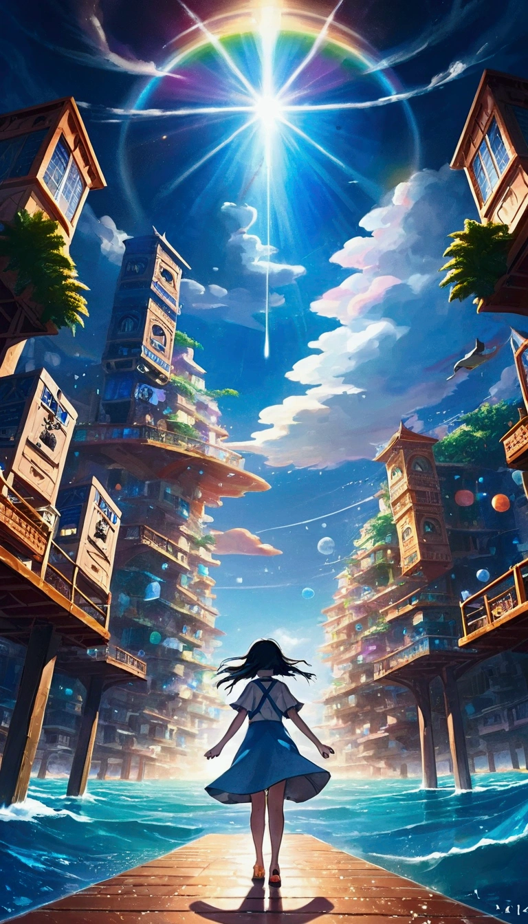 animesque、Faraway view、landscapes、vanishing point、Outrageous resolution、hight resolution、ultra-detailliert、The upper half shows the universe、Below is the sea、Bright atmosphere、Fantasia、magia、Mare、Daylight hours、clean blue sky、sunlight shining、prisma、beautiful lighting、Bright lighting、Soft lighting、Lots of shining magic light、Iridescent light、(Spark:0.7)