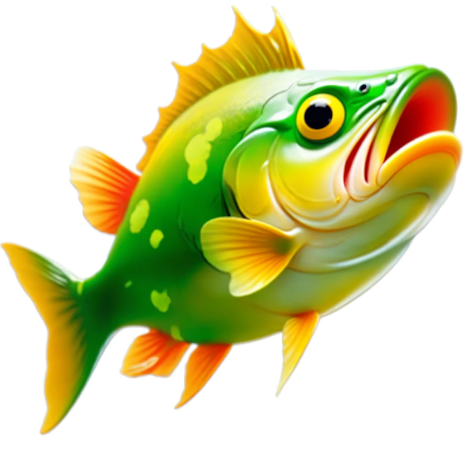 Yellow-green body、Fish with tail, Colorful fish, Fish in the background, Fish swim, big bass fishing, Fish swim around, fish core, bass, Digital Art - N 9, pixar cartoon style,masterpiece, best quality