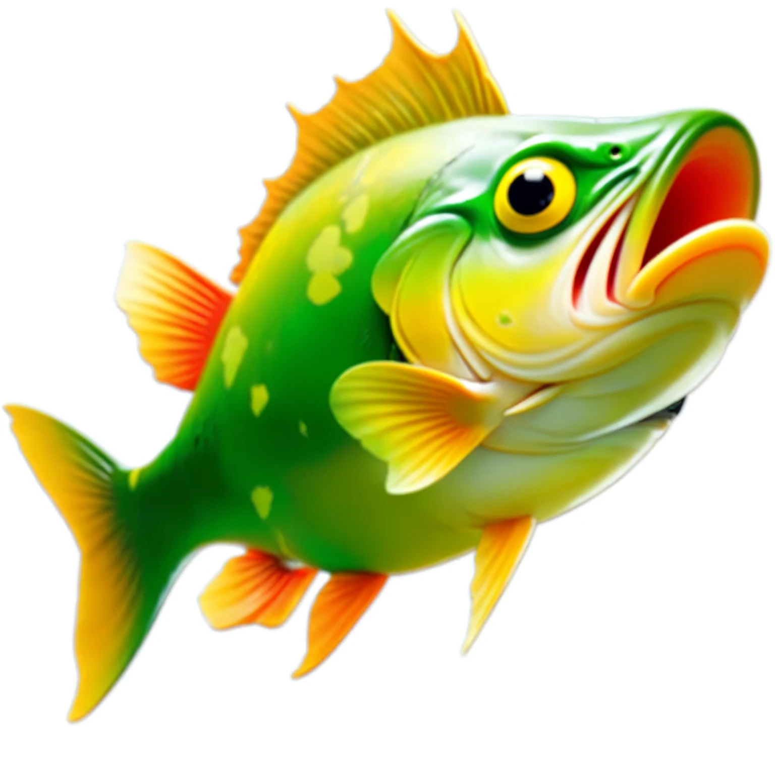 Yellow-green body、Fish with tail, Colorful fish, Fish in the background, Fish swim, big bass fishing, Fish swim around, fish core, bass, Digital Art - N 9, pixar cartoon style，masterpiece, best quality