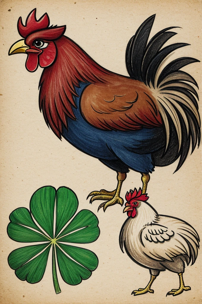 Sketch of a rooster and a clover, let the sack say match