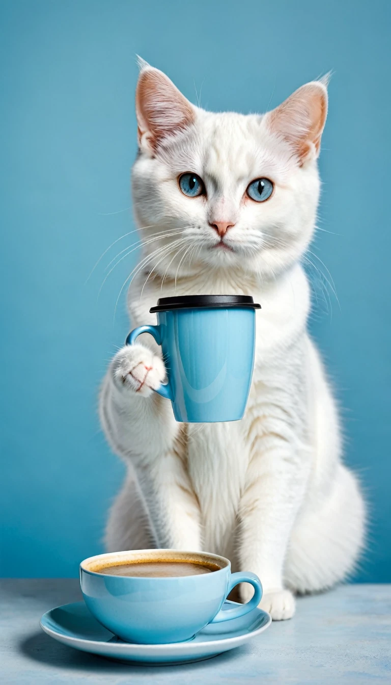 photography of a cutie cat sit with one armrest on the table in soft blue background with looking at the camera, and they holding a cup of coffee. no blur