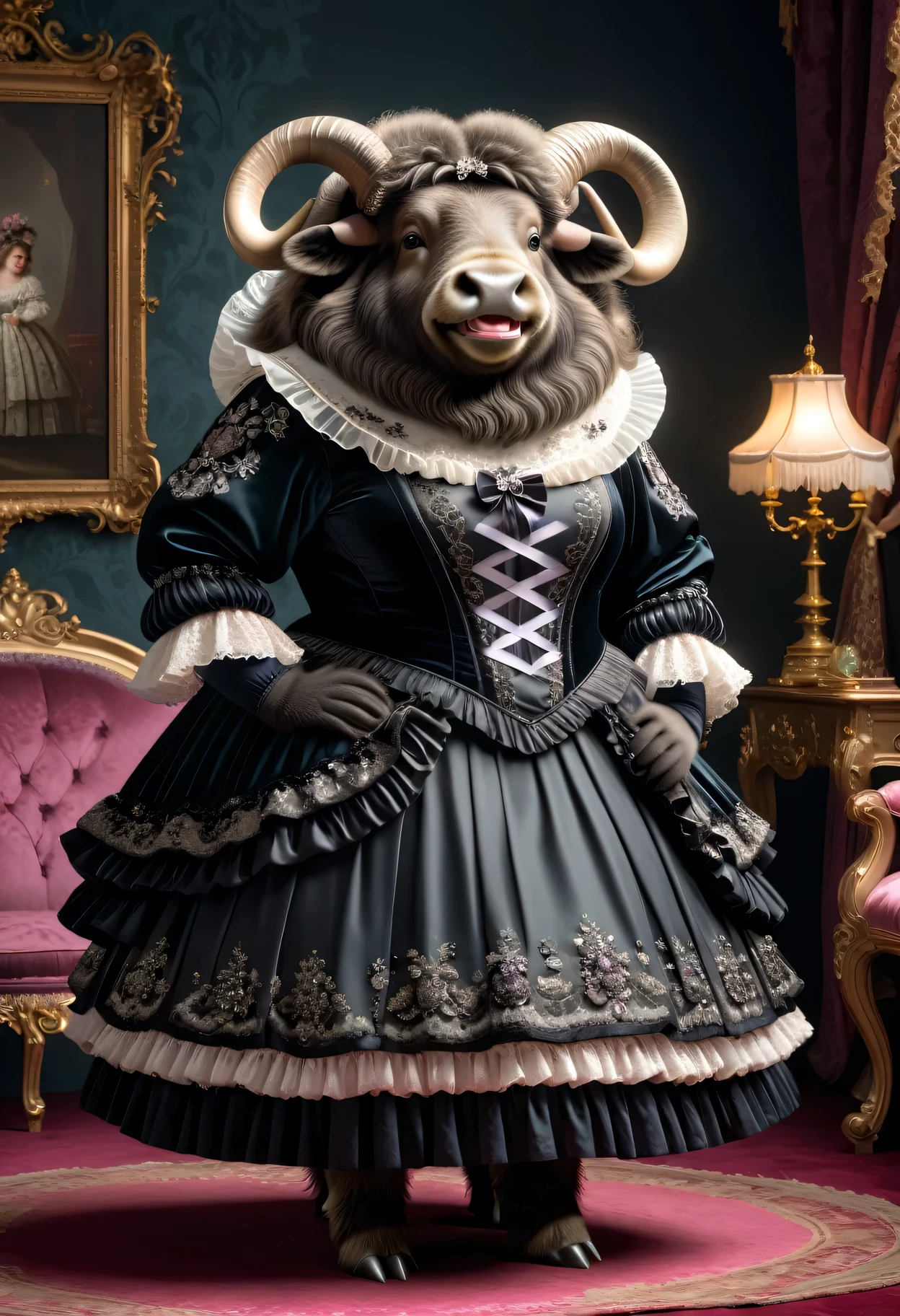 photorealistic portrait of Dressed animals-a ((fat)) ((musk ox)) princess,(furry), (elegant pose:1.5), (hands on hips:1.5),(smile:1.5),high quality,(),(lovely) ,intricate details, Wearing Gothic & Lolita dress , ( brim on head), highly detailed ((dress with frills and ribbon)) ,highly detailed accessories, high sox , (happy), soft lighting,(full body image:2.0),in Rococo style room background,,score_9, score_8_up, score_7_up, score_6_up, score_5_up, score_4_up,