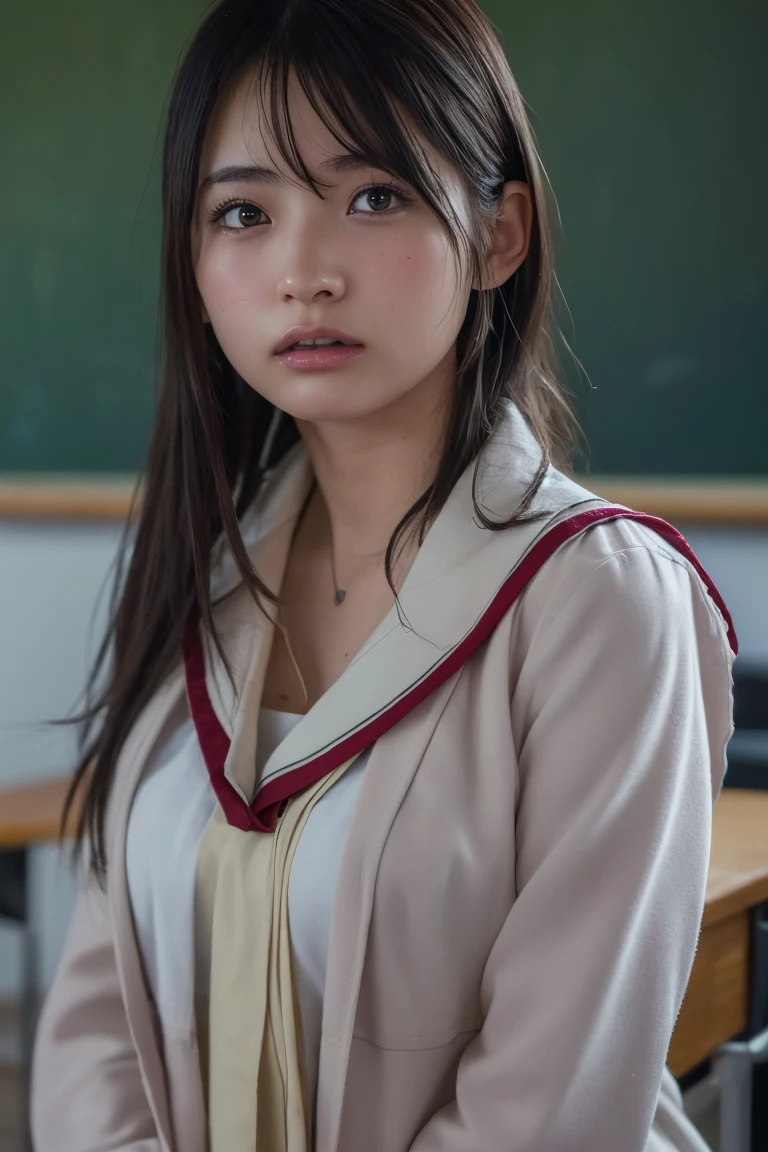 (Highest quality:1.4),(masterpiece:1.4),(Realistic:1.4),(Realistic:1.2),(超High resolution, RAW Photos:1.4),(High resolution, Ultra-detailed:1.2),(8k:1.2),Cinematic photography,a photo of a dark-haired,One girl,alone,((naked))((Japanese Classroom)),、((Upper Body:1.3))