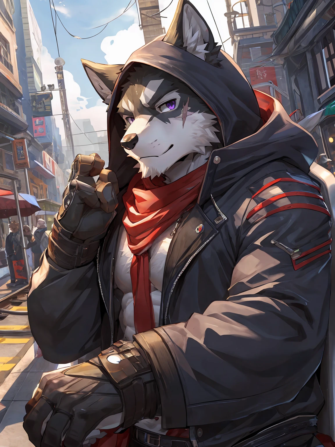 embedding:black wolf, male,purple eyes,Scar on the face, scar on the body,Single person,The side,In the carriage,Look outside,Outside the train is the city.Headset,The hood,Black jacket,Bust,The game CG,Illustration,On the train,The highest quality of scene detail,adult,Tall and powerful,muscle，Best quality hands, best quality eye，detailed fur，Delicate eyes.Extreme picture quality，by sollyz,by zixiong,by milkytiger1145