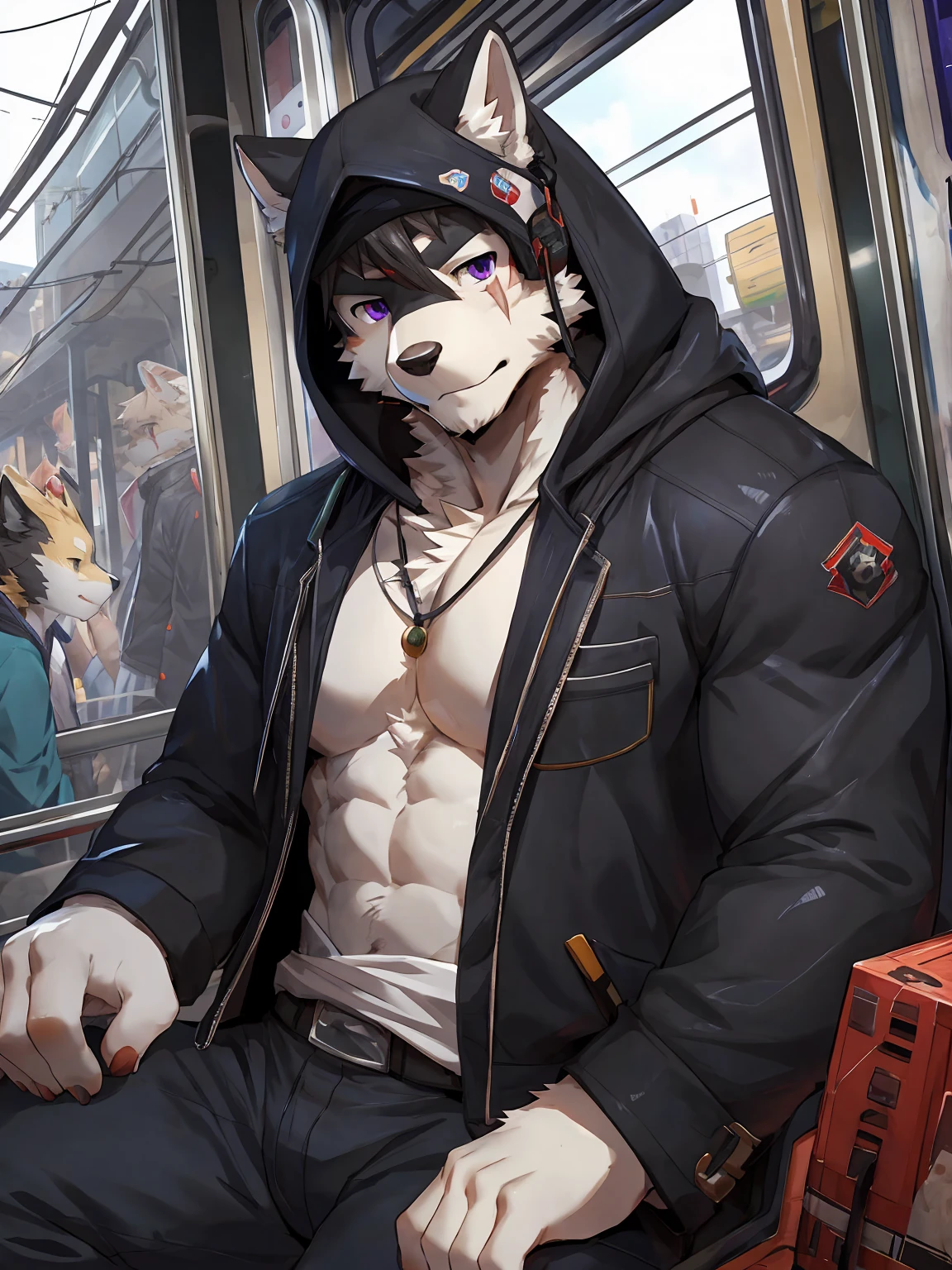 embedding:black wolf, male,purple eyes,Scar on the face, scar on the body,Single person,The side,In the carriage,Look outside,Outside the train is the city.Headset,The hood,Black jacket,Bust,The game CG,Illustration,On the train,The highest quality of scene detail,adult,Tall and powerful,muscle，Best quality hands, best quality eye，detailed fur，Delicate eyes.Extreme picture quality，by sollyz,by zixiong,by milkytiger1145