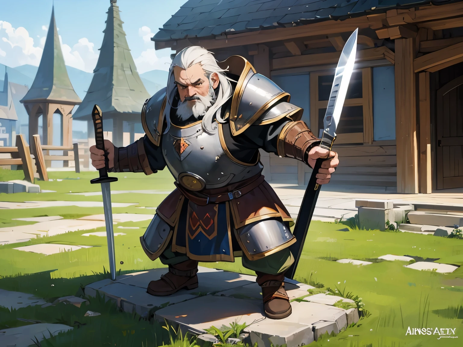 dwarf, blacksmith, sword, ax, armor, shield, fantasy, masterpiece, best quality, super detail