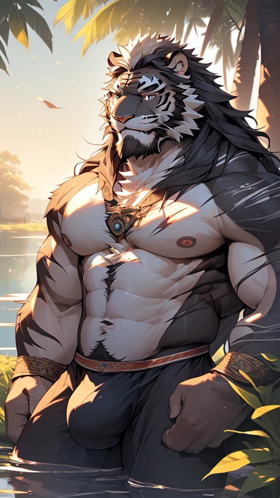 (masterpiece),(highres),(intricate details:1.4),extremely detailed,(illustration:1.2),8k,photorealistic,exquisite,(daddy:1.5),aged,elder male tiger ,muscular,(guardian:1.7),(safety guard),black fur,manhood,warrior,(black fur:1.3),long hair,long beard,(numerous scars),(bulging crotch:1.8),(homosexual:1.5),(a serene face:1.9)(naked body:1.6)