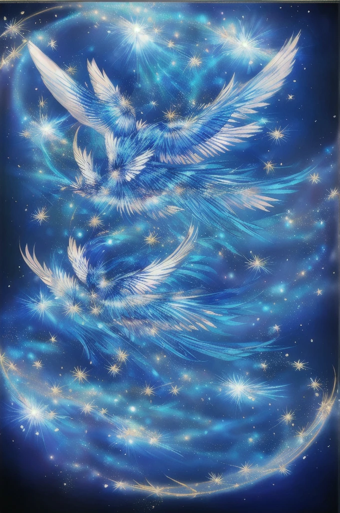 Blue Suzaku、blue bird 、Blue Phoenix、Large wings、Bright light、There is a lot of light overall、大きいblue bird 、Beautiful feathers、Flying Upwards、god々Shii、solo, Sparkle Effect, 