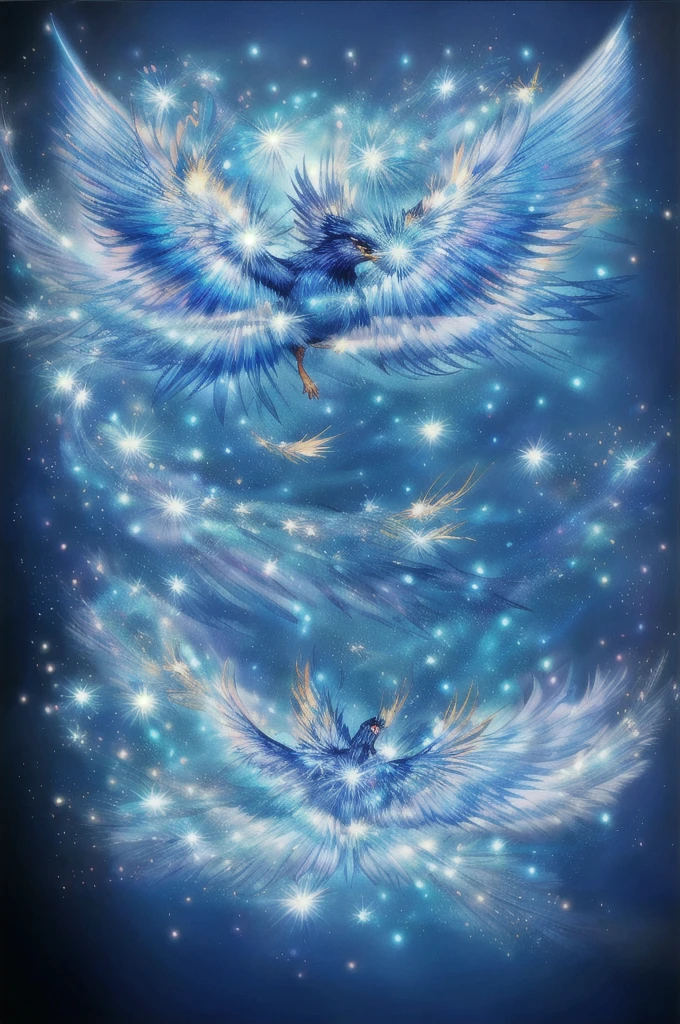 Blue Suzaku、blue bird 、Blue Phoenix、Large wings、Bright light、There is a lot of light overall、大きいblue bird 、Beautiful feathers、Flying Upwards、god々Shii、solo, Sparkle Effect, 
