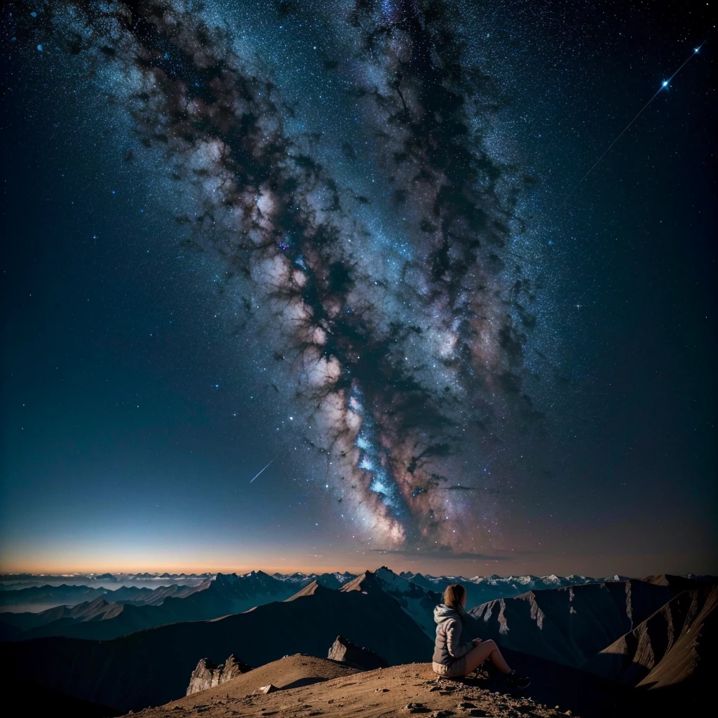 ((best qualityer)), ((work of art)), (detailded), 1 girl, on the peak of a mountain, admiring the sky with several stars, planetes, galaxies and beings flying in the background