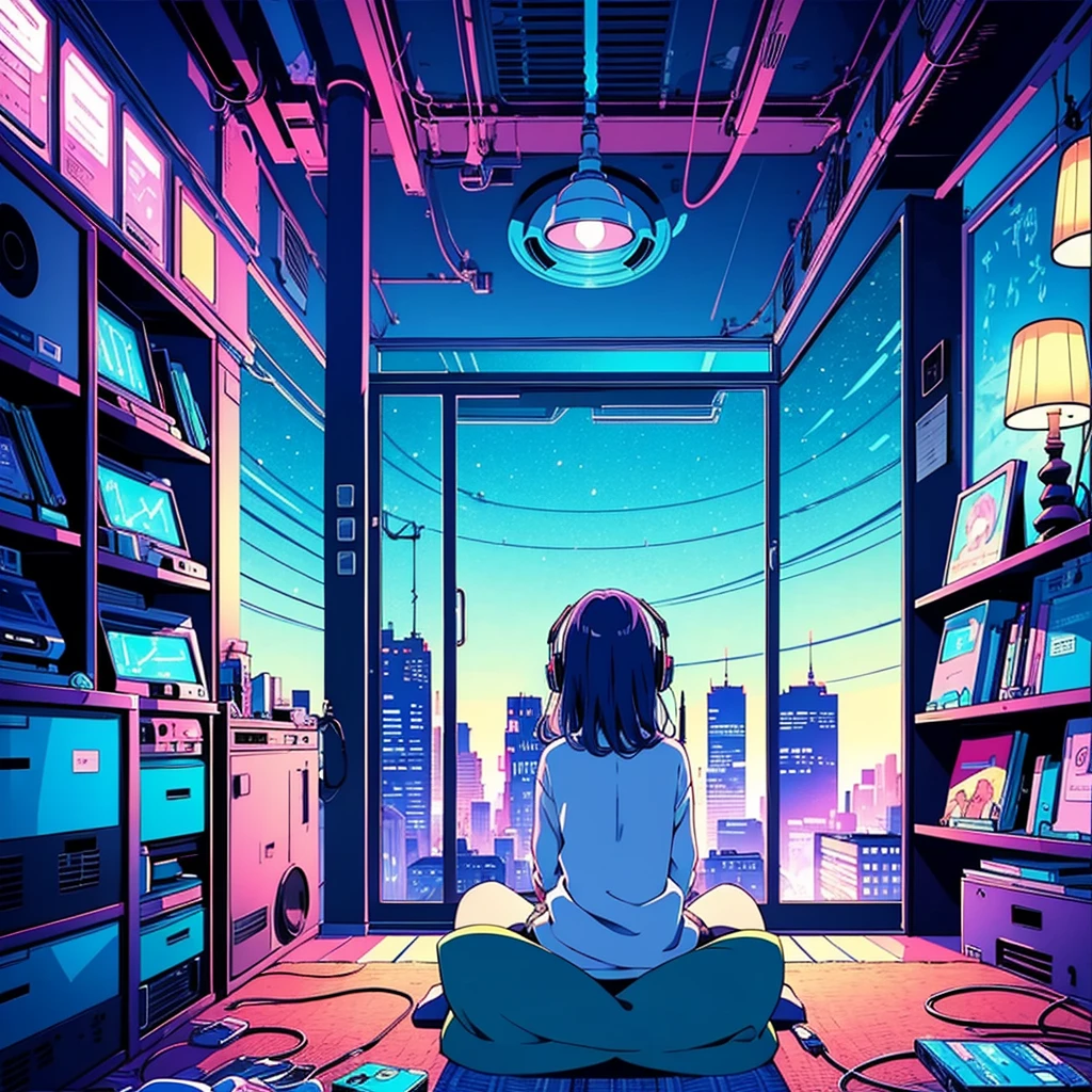 (From the back)、Anime girl sitting in front of a computer in a cozy bedroom、Girl listening to music in a cozy room(night)、You are using headphones、rooftop、(窓からの美しいnight景)、lots of things、2D Anime Style、90s anime aesthetic、Lo-Fi、Very detailed、hard disk、A mix of anime style and Fujifilm、Surreal、8k、masterpiece