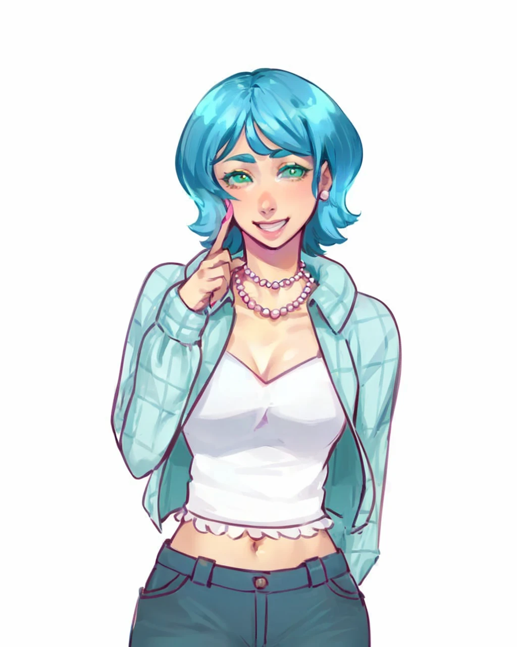 ((Adult)) ((girl)) ((woman)) ((blue short hair)) ((green eyes)) ((idle pose)) ((front view)) ((white top with flares)) ((dark turquoise jeans)) ((turquoise jacket)) ((pink pearls necklace)) ((one hand up)) ((one finger up)) ((front view)) ((looking at you)) ((smiling)) ((pink nails)) ((front view)) ((front face))