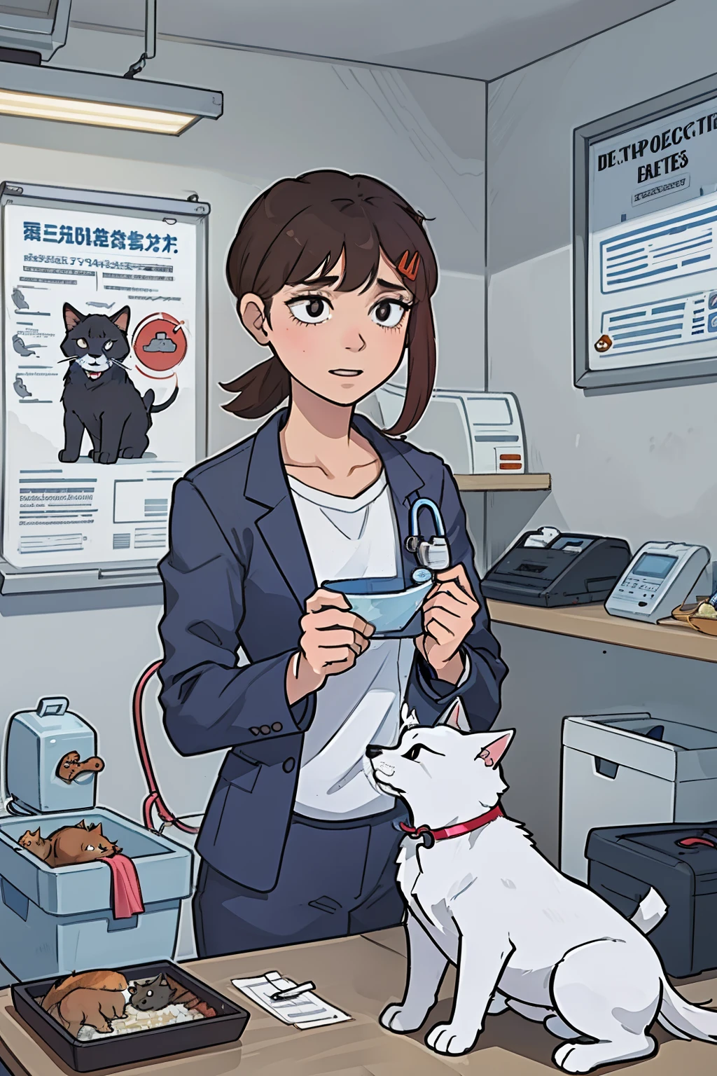 1. **Pet at Vet Check-up (Improved Description)**: A sleek and well-groomed feline lies comfortably on the examination table as a compassionate vet gently listens to its chest with a stethoscope, surrounded by an array of modern medical equipment and health posters. The veterinary clinic's bright, sterile environment exudes a sense of professionalism and trust. Caption: "Regular vet check-ups are essential for early detection of liver diseases in pets, ensuring a healthier and happier life."

2. **Healthy Diet for Pets (Improved Description)**: A lively and playful canine happily digs into a bowl of