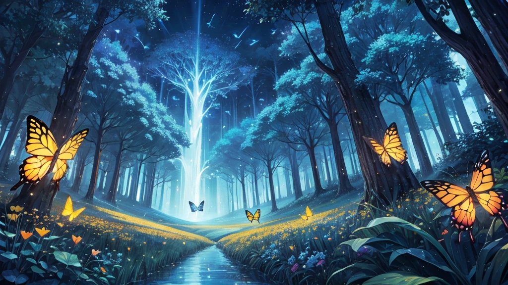 enchanted landscapes with lights , butterflies, fireflies, etc
