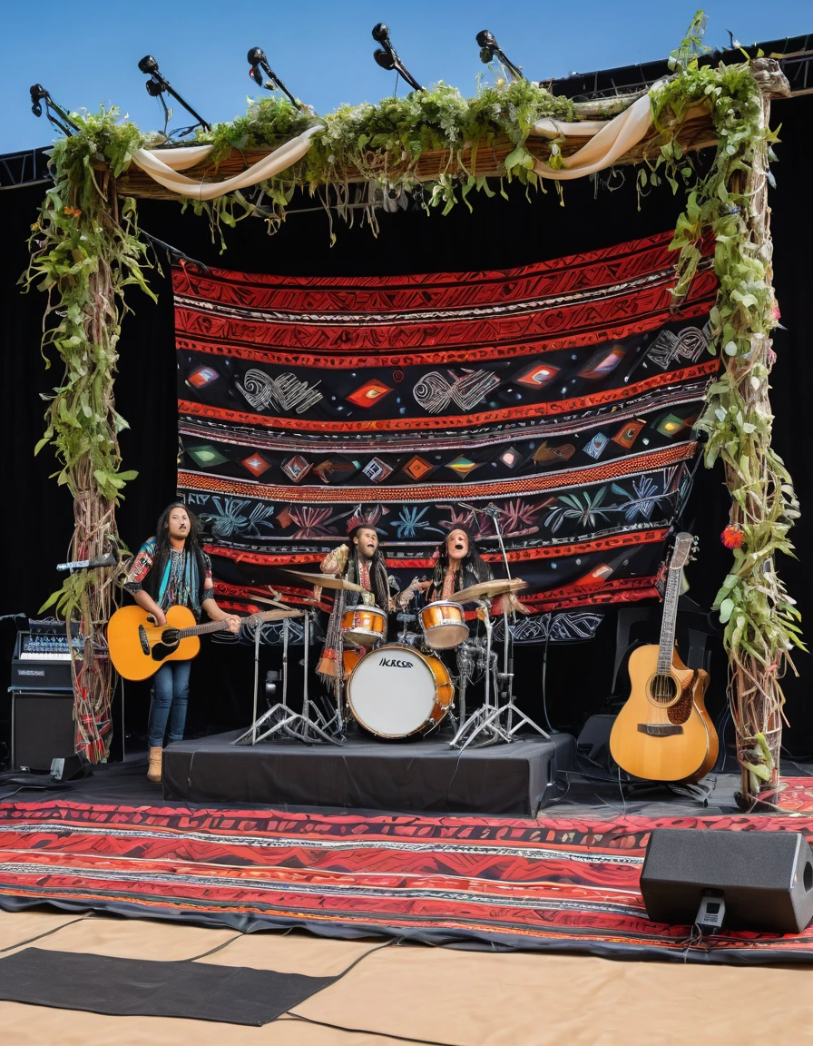 Stage of a rock presentation, decorated with blankets that have Muisca and indigenous designs, Boom microphone bases, decorated with artificial decorative vines, tangled in the bases, decorandolas, a rock band made up of 3 female singers, 2 male guitarists, a male pianist, a male bassist and a male drummer.