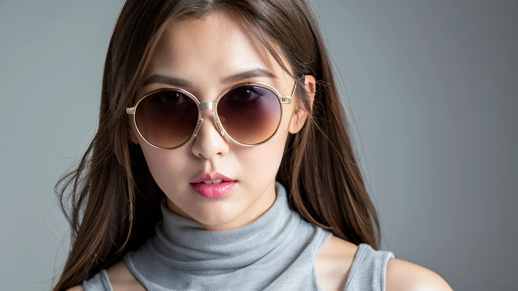 (Detailed face),vivid,chest,cute,sunglasses,Sleeveless and(turtleneck)White silky clothes,4K,Ultra-high resolution,(Photorealistic:1.7),Gray background,Long Hair,