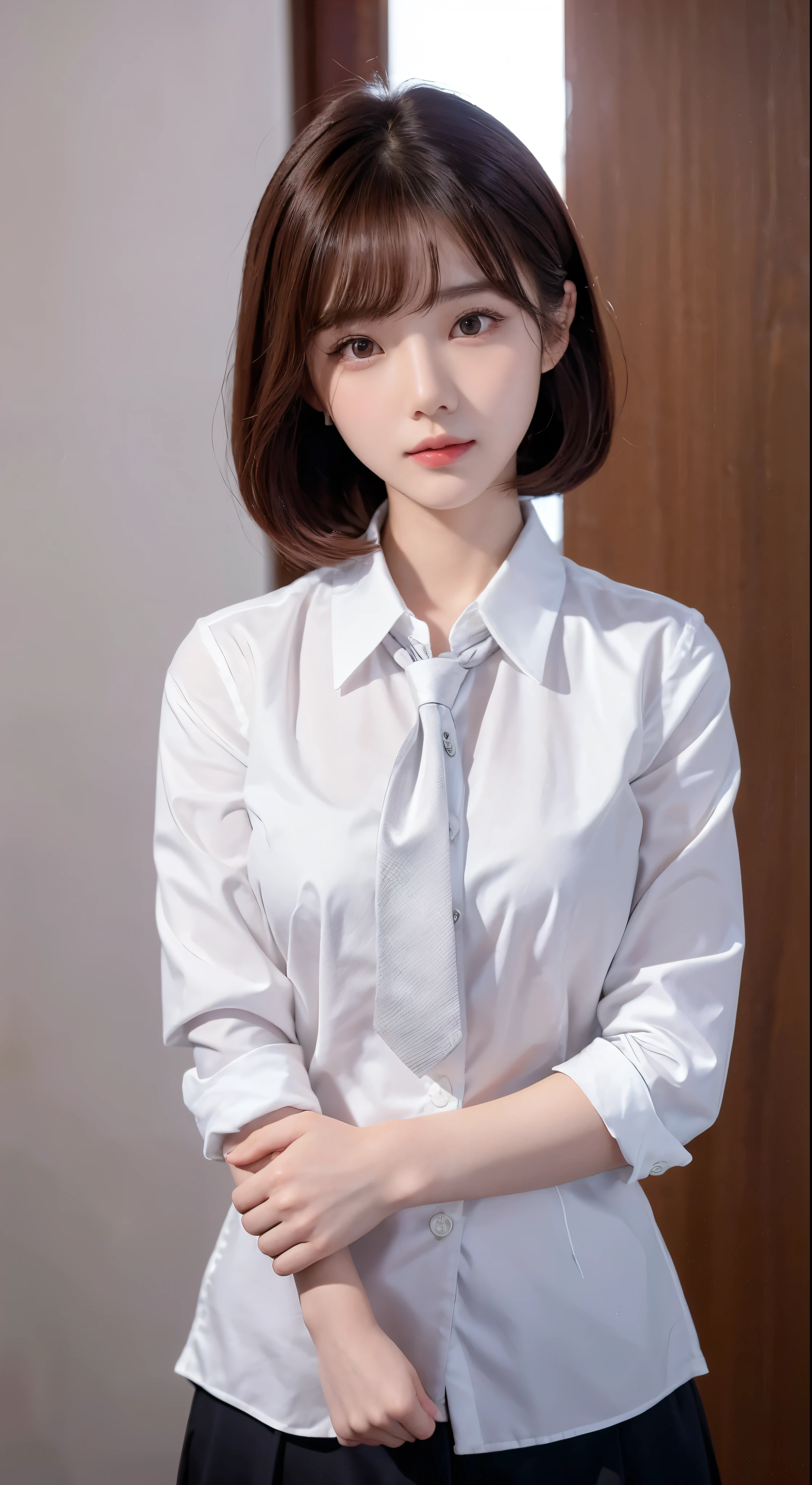 there is a woman wearing a tie and a white shirt, with short hair, beautiful south korean woman, korean girl, sun yunjoo, cute korean actress, gorgeous young korean woman, lee ji-eun, lee ji - eun, xintong chen, neat hair with bangs, short brown hair with bangs, beautiful young korean woman, heonhwa choe