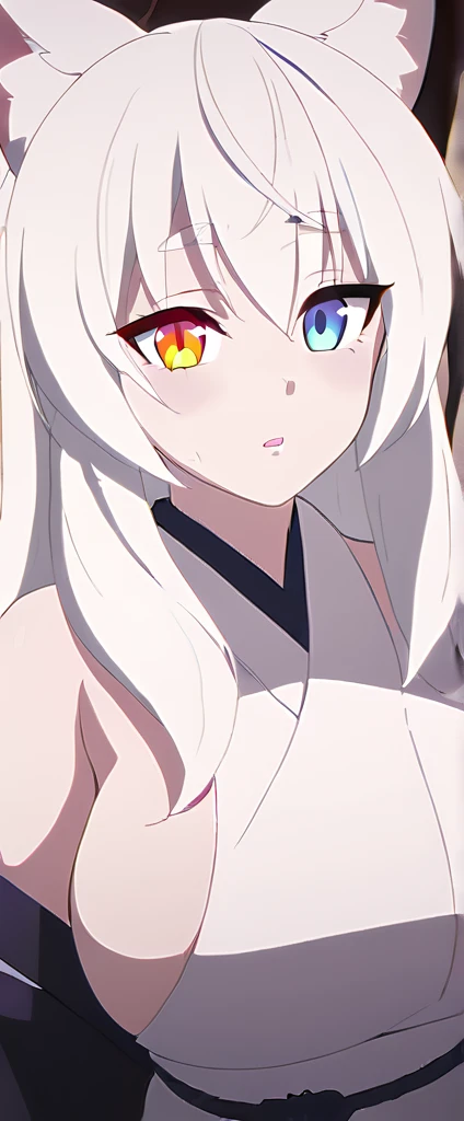 beautiful white neko, long white neko ears, white neko tail, anime style, purple eye, blue eye, big breasts, extremely detailed eyes and face, Wearing white and black open shoulder kimono, white long hair, heterochromia, wide waist, mature woman, black small beauty mark under right eye