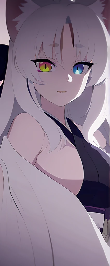 beautiful white neko, long white neko ears, white neko tail, anime style, purple eye, blue eye, big breasts, extremely detailed eyes and face, Wearing white and black open shoulder kimono, white long hair, heterochromia, wide waist, mature woman, black small beauty mark under right eye