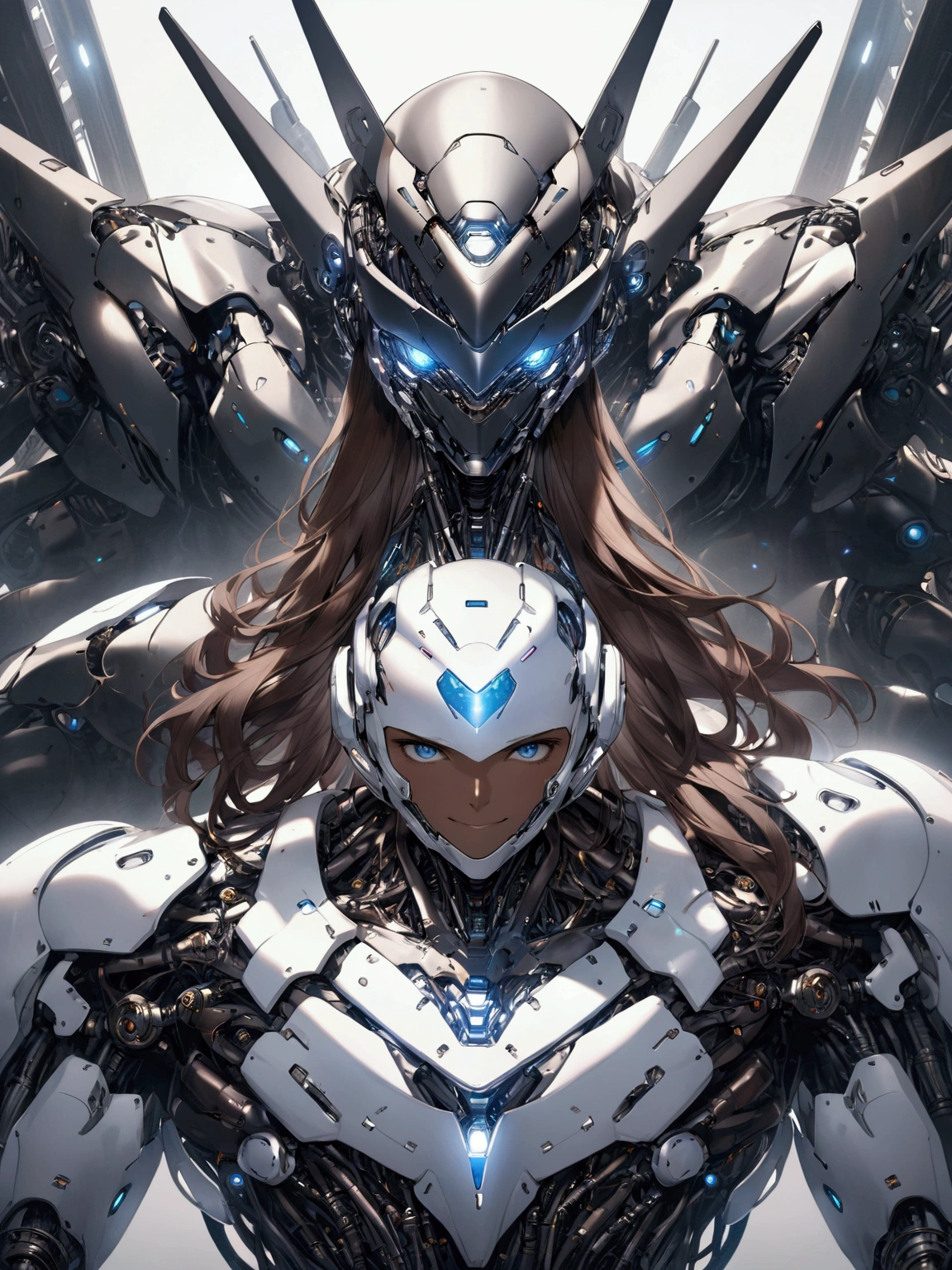 ((masterpiece)), ((best quality)), (from front, facing front), (cyber, war robot, massive), 1man, adult man, solo, black skin, human head, long brown hair, blue eyes, solid white robot armor, smiling, hyper-detailed, metallic sheen, futuristic, mechanical, striking, powerful, awe-inspiring, moody, atmospheric