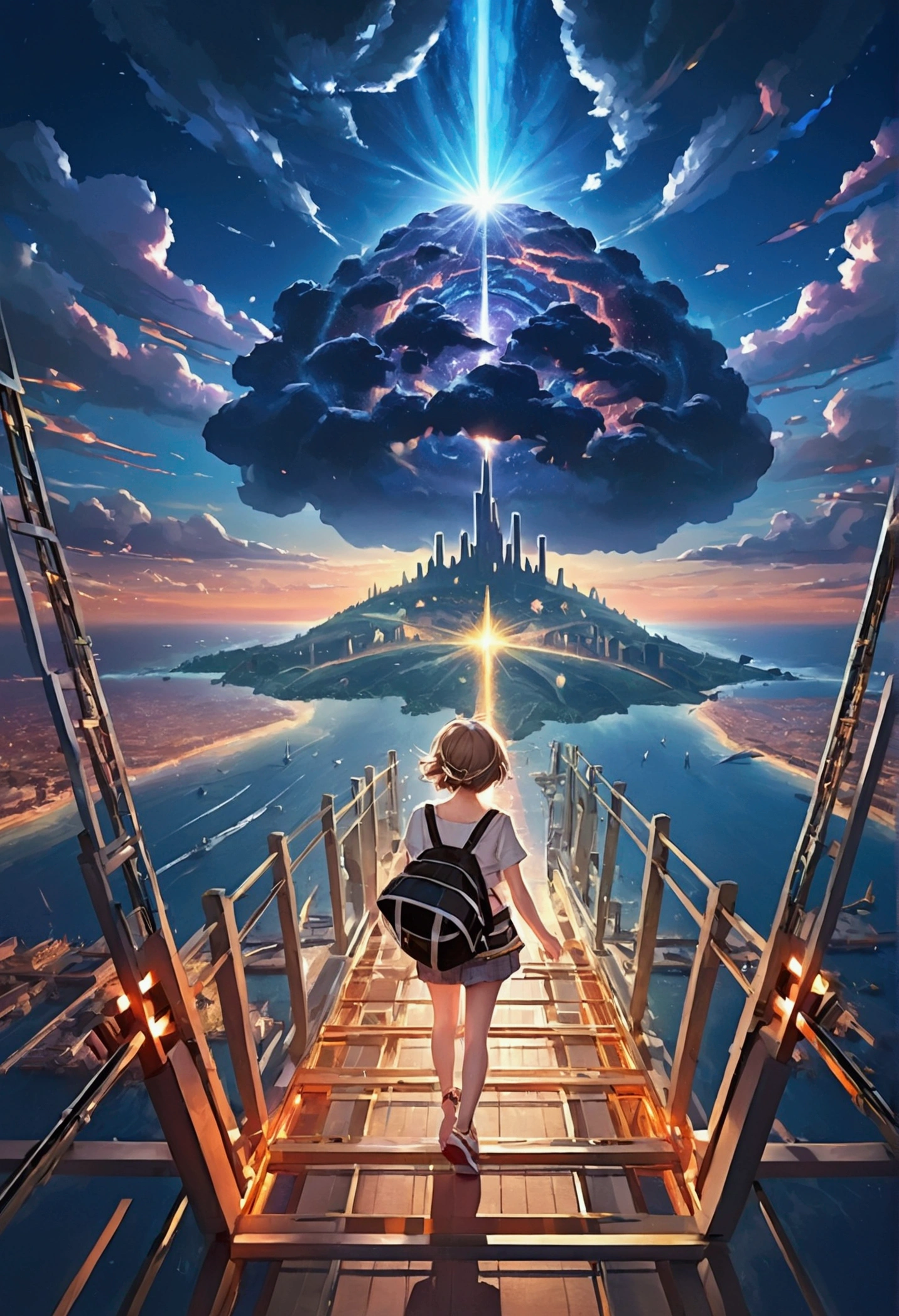 animesque、Faraway view、landscapes、vanishing point、Outrageous resolution、hight resolution、ultra-detailliert、The upper half shows the universe、Below is the sea、Bright atmosphere、Fantasia、magia、Mare、Daylight hours、clean blue sky、sunlight shining、prisma、beautiful lighting、Bright lighting、Soft lighting、Lots of shining magic light、Iridescent light、(Spark:0.7)