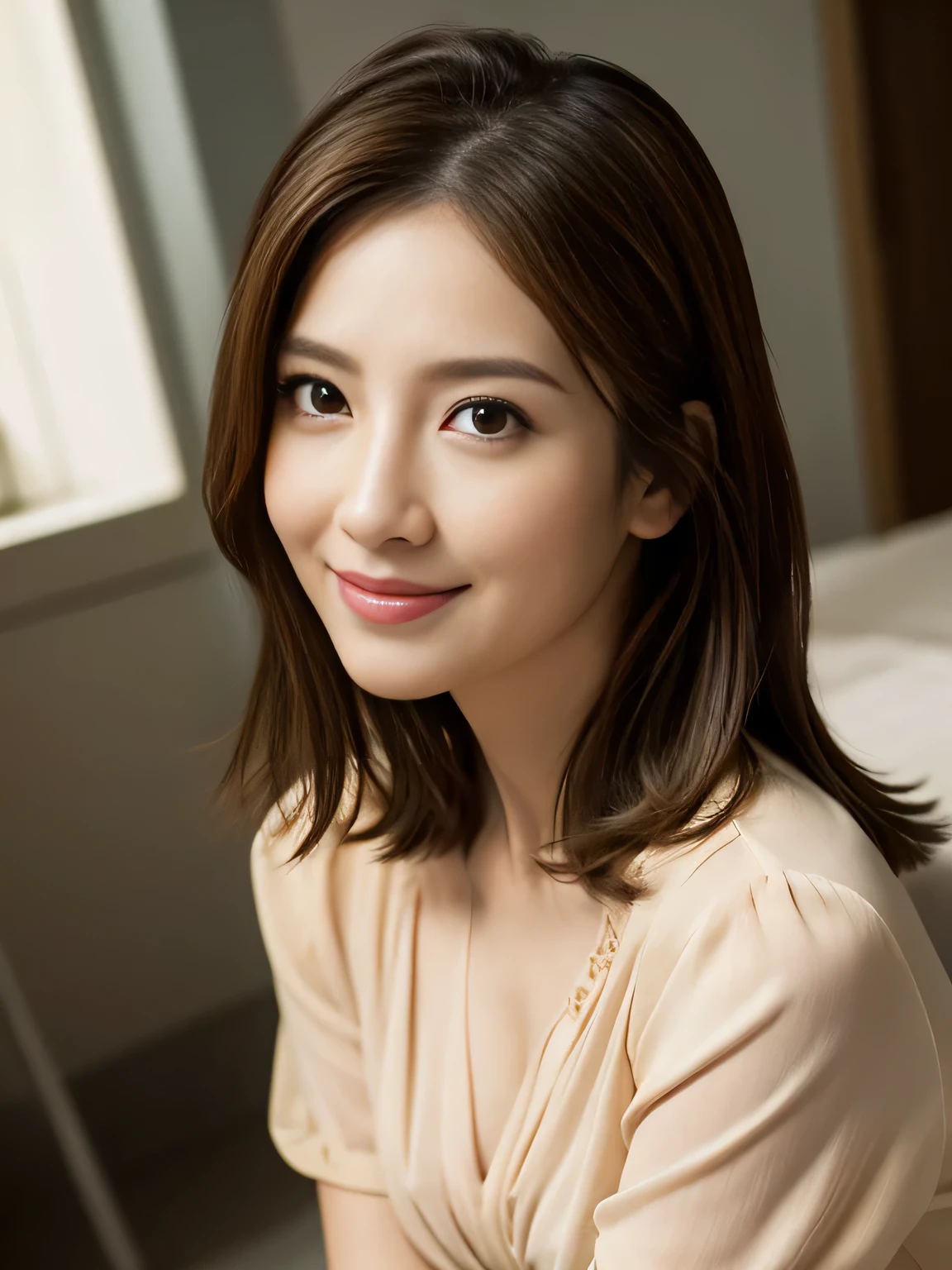 (RAW Photos), (Photorealistic), (masterpiece), (highest quality), High resolution, 8k, (Intricate details), (Volumetric light), Portraiture, woman, Age 35, Medium Hair, Straight hair, Medium chest, Accentuate your cleavage, Layered Hair, Brown Hair, Very beautiful eyes, Source order, Very thin eyebrows, Very fine skin, Very nice mouthfeel, Very nice nose, Cute like an idol, Smile, (Thick lips), (Looking at the audience), (Elegant blouse), Above the knee shot,