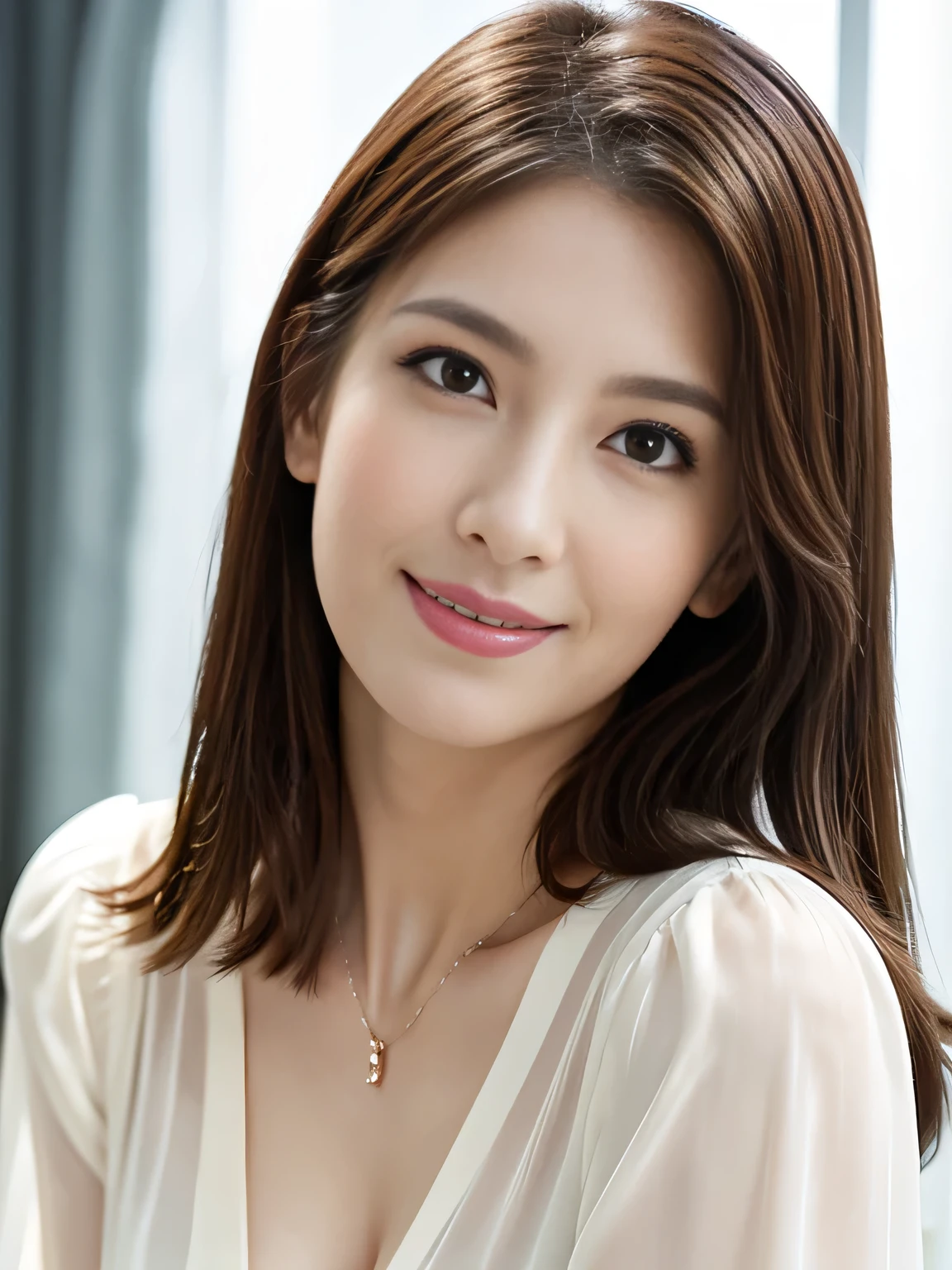 (RAW Photos), (Photorealistic), (masterpiece), (highest quality), High resolution, 8k, (Intricate details), (Volumetric light), Portraiture, woman, Age 35, Medium Hair, Straight hair, Medium chest, Accentuate your cleavage, Layered Hair, Brown Hair, Very beautiful eyes, Source order, Very thin eyebrows, Very fine skin, Very nice mouthfeel, Very nice nose, Cute like an idol, Smile, (Thick lips), (Looking at the audience), (Elegant blouse), Above the knee shot,