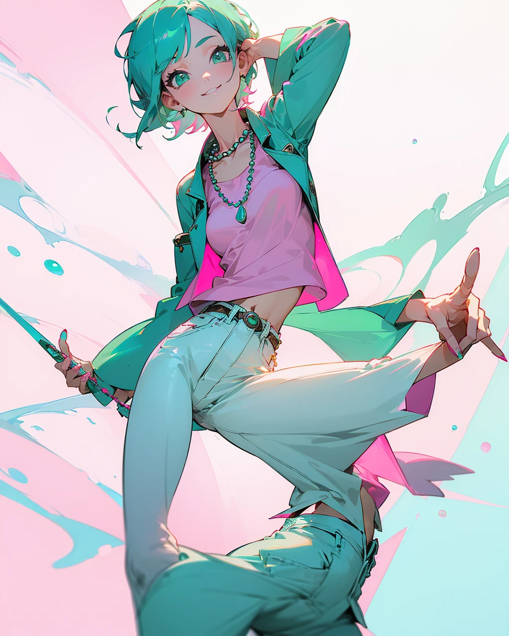 ((Adult)) ((girl)) ((woman)) ((blue short hair)) ((green eyes)) ((idle pose)) ((front view)) ((white top with flares)) ((dark turquoise jeans)) ((turquoise jacket)) ((pink pearls necklace)) ((one hand up)) ((one finger up)) ((front view))  ((looking at you)) ((smiling)) ((pink nails)) ((front view)) ((front face)) ((sky backgroud))