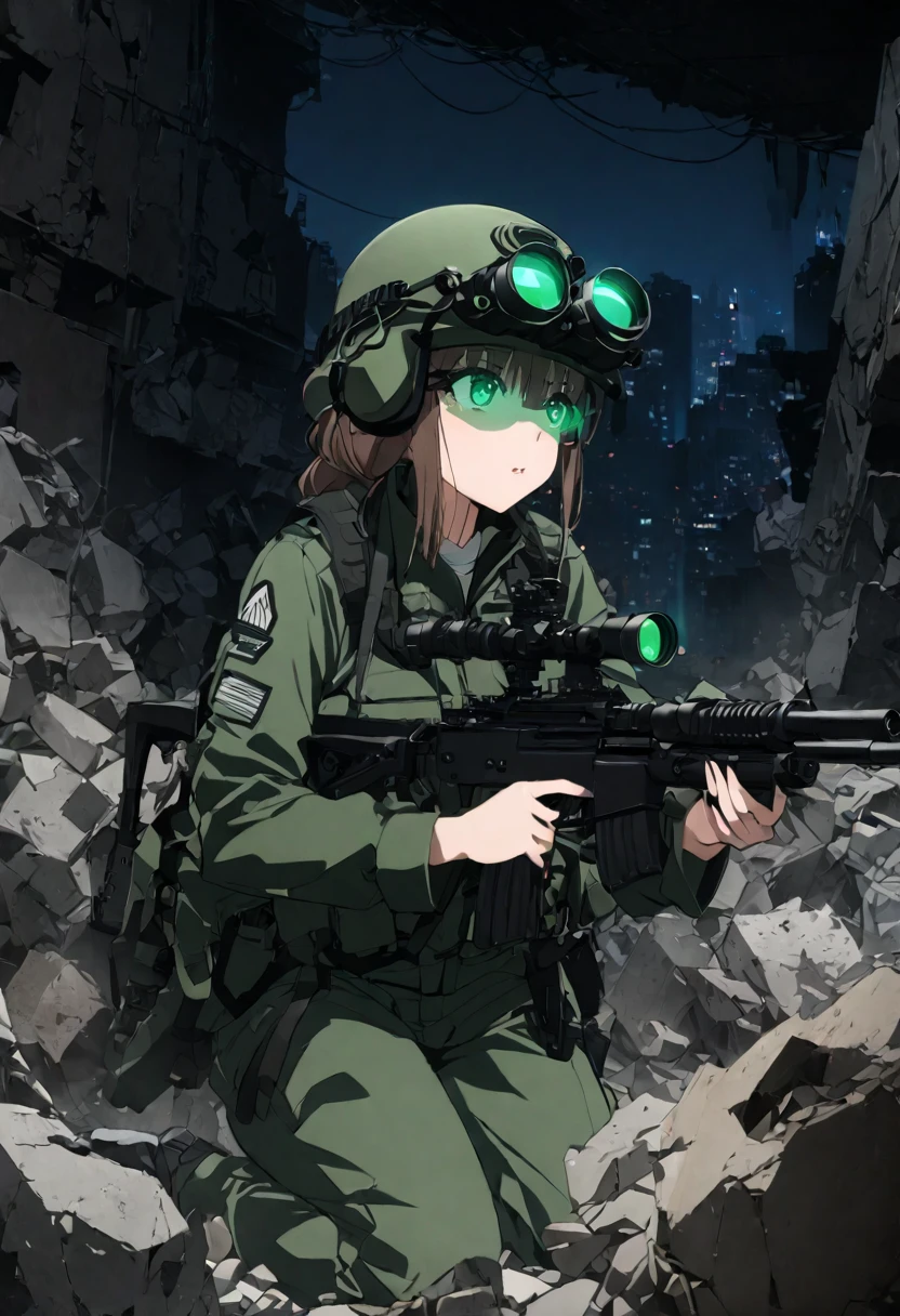 High quality, high definition images, full HD、8k.1 girl Short chestnut hair wearing US combat uniform Wear a helmet deeply, holding a rifle、Midnight city area, wearing a night scope,binocular night scope, pitch black The light of the night scope is green,,(shooting a gun from the rubble),((Lower the night scope to your eyes,))