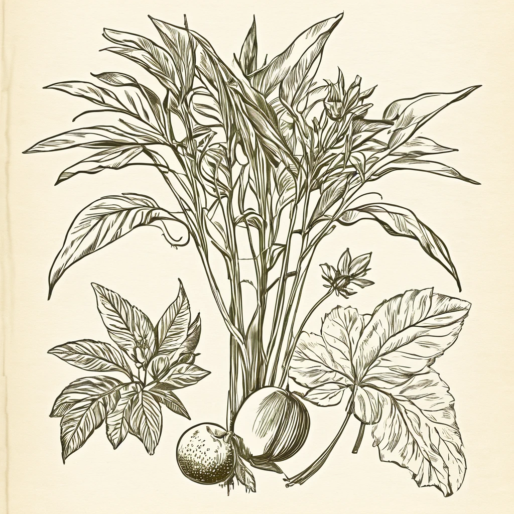 I want a drawing of a plant in the style of an old explanatory sketch, on a sheet of paper. The drawing must include all the elements of the plant: Estate, Stems, leaves, flowers and fruits. It is important that the style is detailed and realistic, as if it were part of a field notebook.The drawing should be in soft and natural tones, avoiding strong colors. Colors should be subtle, similar to those that might have been used in old illustrations, with a palette of greens, brown and cream tones. Illustrations must include anatomical details, as cross sections of fruits and seeds. This explanation was more than enough and very good. I would also like cuts inside the fruit or plant and the entire plant must be colorful but with soft tonal colors.. From the corn plant
