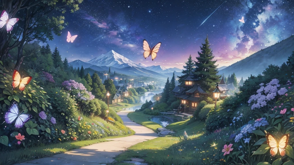 Studio ghibli, enchanted landscapes with lights , butterflies, fireflies, etc