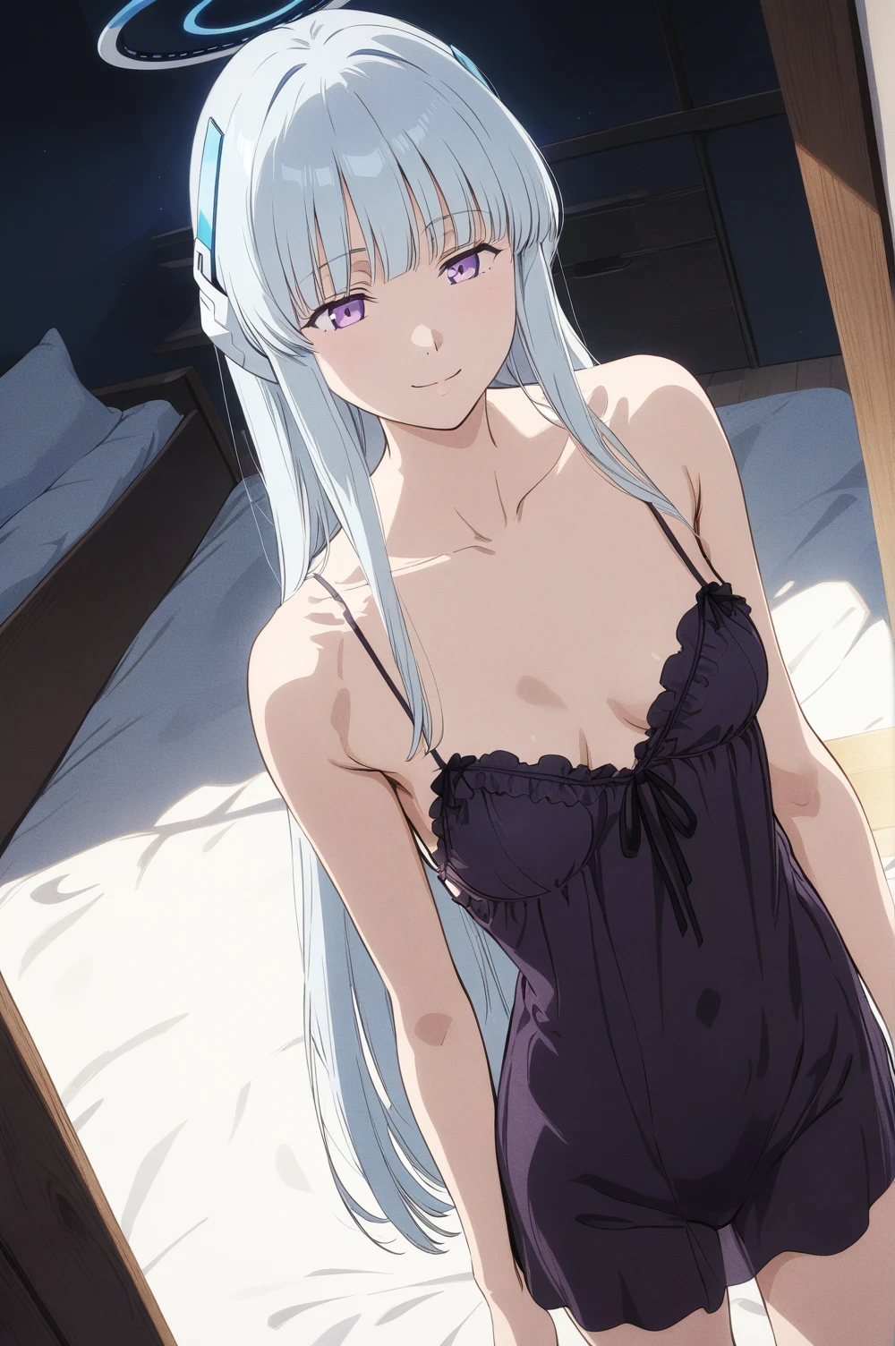 best quality, amazing quality, very aesthetic, absurdres, (1girl, noa, blue archive, solo, purpel eyes, white hair, medium breasts), (realistic face:0.9),(negligee long:1.8), (smile, night, thigh:1.3), (cowboy shot), (glowing eyes), (half closed eyes:0.9), (from above0.9), (official art:1.3), (high angle), expressive eyes, perfect face, 4k, extremely detailed anime illustration, extremely detailed eyes, perfect anatomy, light rays, extremely delicate body, smooth skin, (bedroom background:1.5), clear eyes, beautiful face, looking away,(anime style:1.7), (dark Light:1.5), (highres:2),
