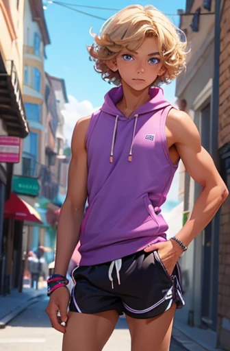 A tanned 16 year old teenage boy, with short blonde curly hair and blue eyes, the boy wears a purple sleeveless sweatshirt and very short tight pink mini shorts, the boy&#39;s legs are beautiful and tanned, pose de glamour, walking in a square at night. 