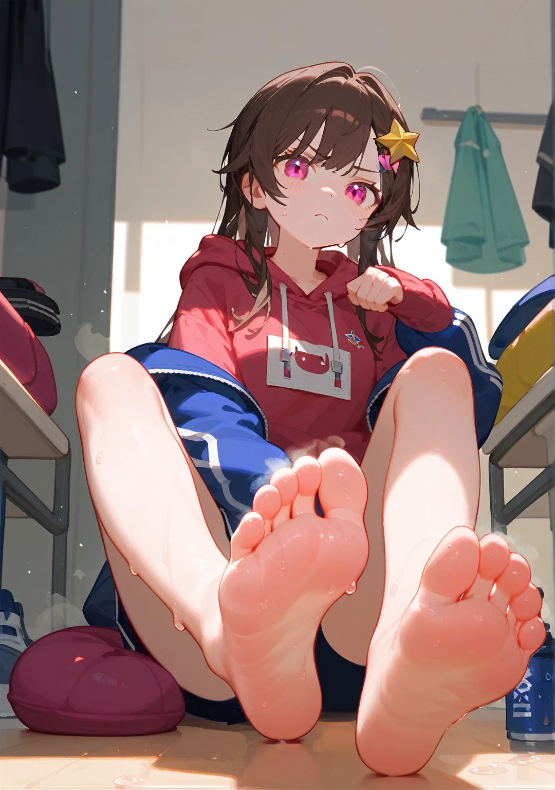 wallpaper,The background is in the classroom,Brown hair, Long hair,best quality, Very detailed, masterpiece, Extremely detailed, illustration, Sky,Foot Focus, barefoot,Stinky feet,Steam around feet,The soles of your feet sweat a lot,Pink Eyes,There is a big yellow five-pointed star hairpin in the hair,frown,Open your mouth