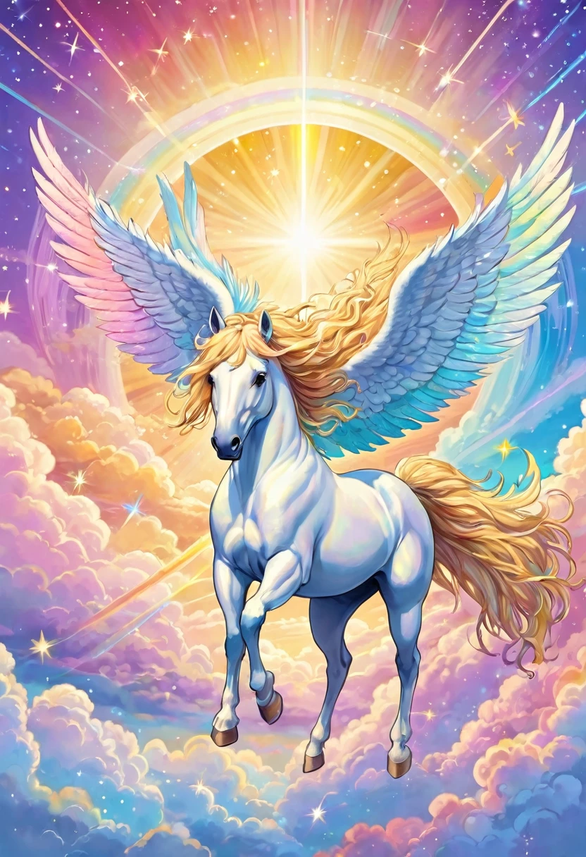 White pegasus flying in pastel rainbow sky, golden standing hair, sacred, clouds, shooting stars